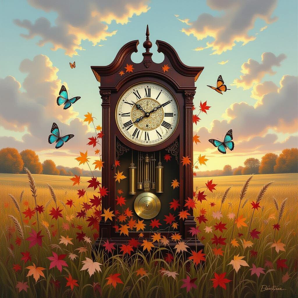 Antique Clock in Autumn Meadow with Metallic Butterflies