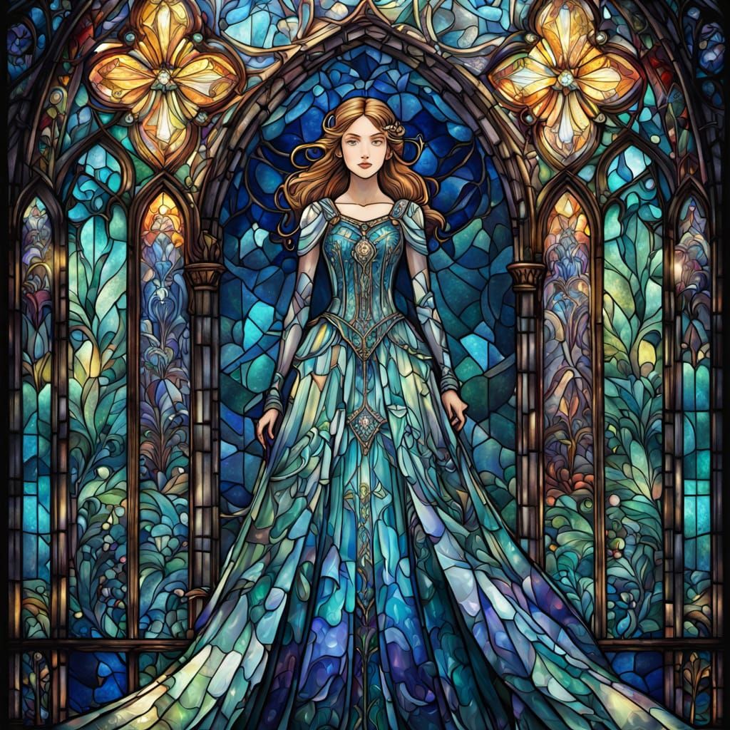 Glass Dress With Cathedral Stained Glass Art Nouveau Style