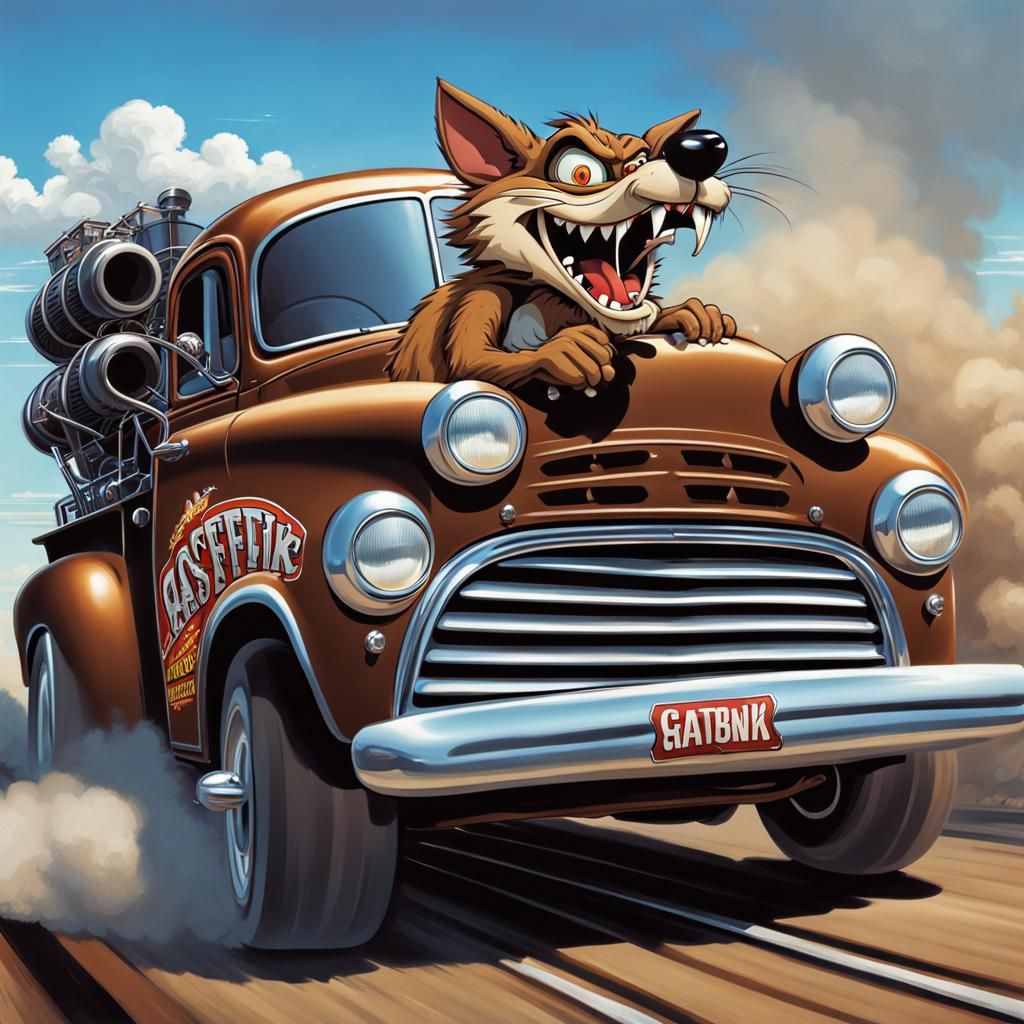 Rat Fink Coyote Driving a Gasser Car