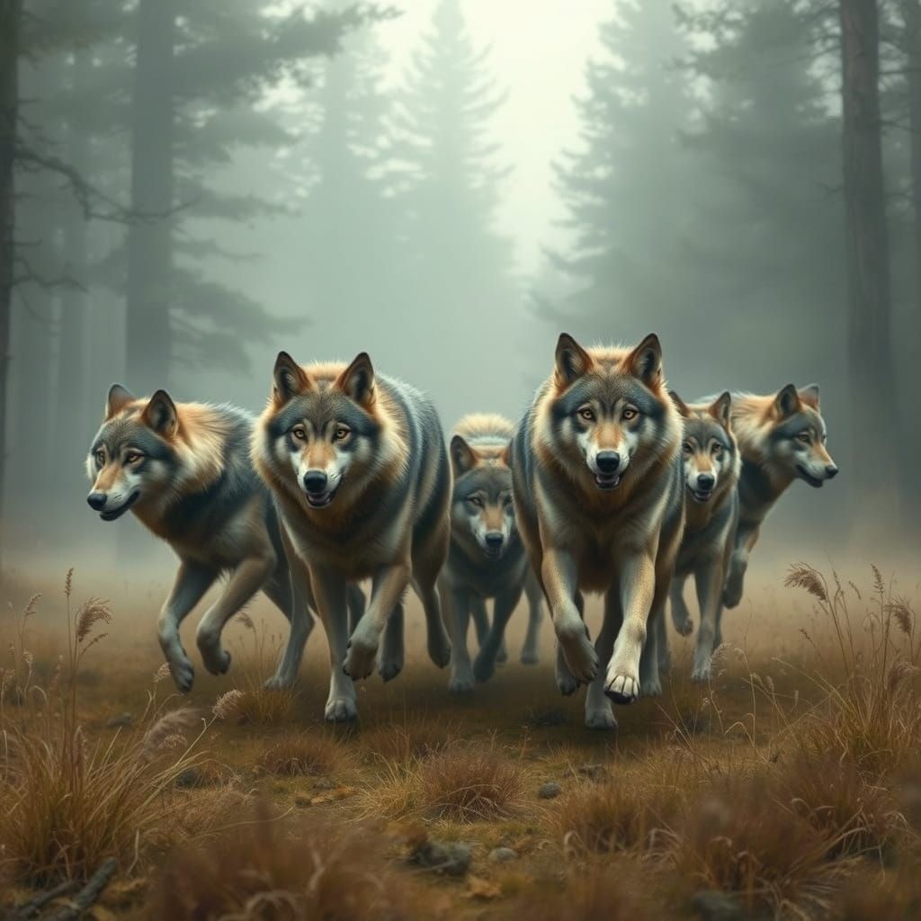 Wolves Running Free in a Misty Forest Landscape