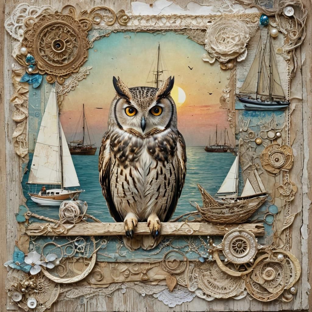 Whimsical Owl at Sunset, Mixed Media Collage in Distressed V...