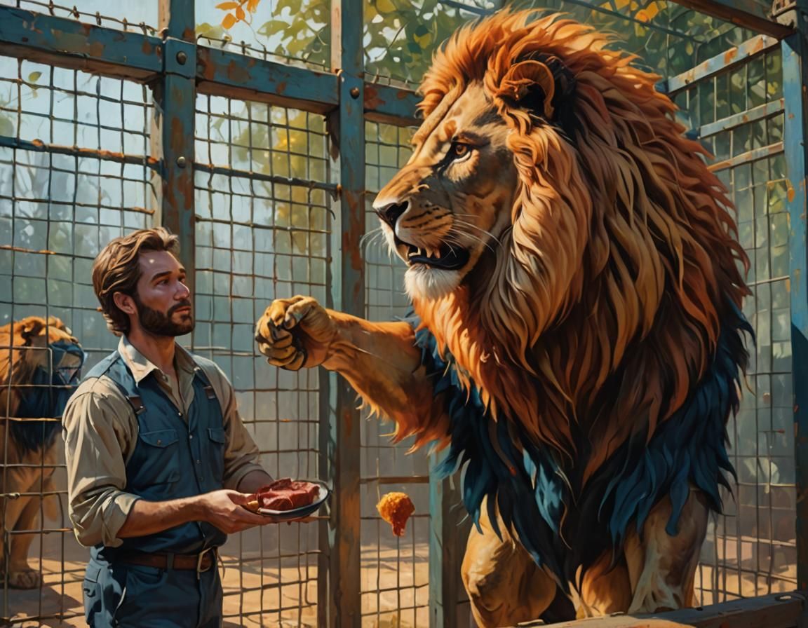 Surreal Lion Feeds Human in Zoo, Oil Painting