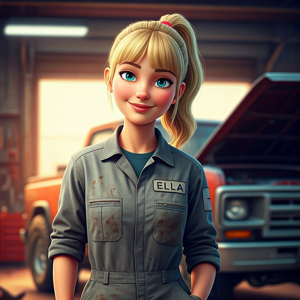 Pixar Style Woman in Garage with Truck