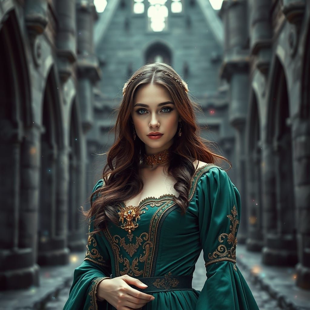 Enchanting Woman in Medieval Dress, Monochrome Photography