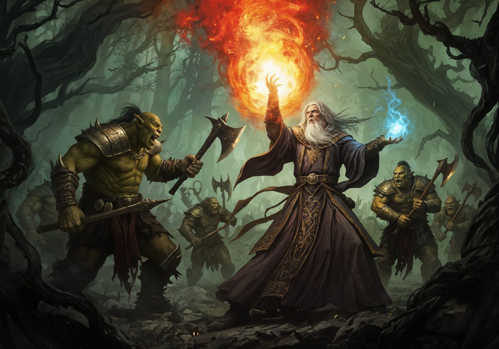 Wizard fending off orcs