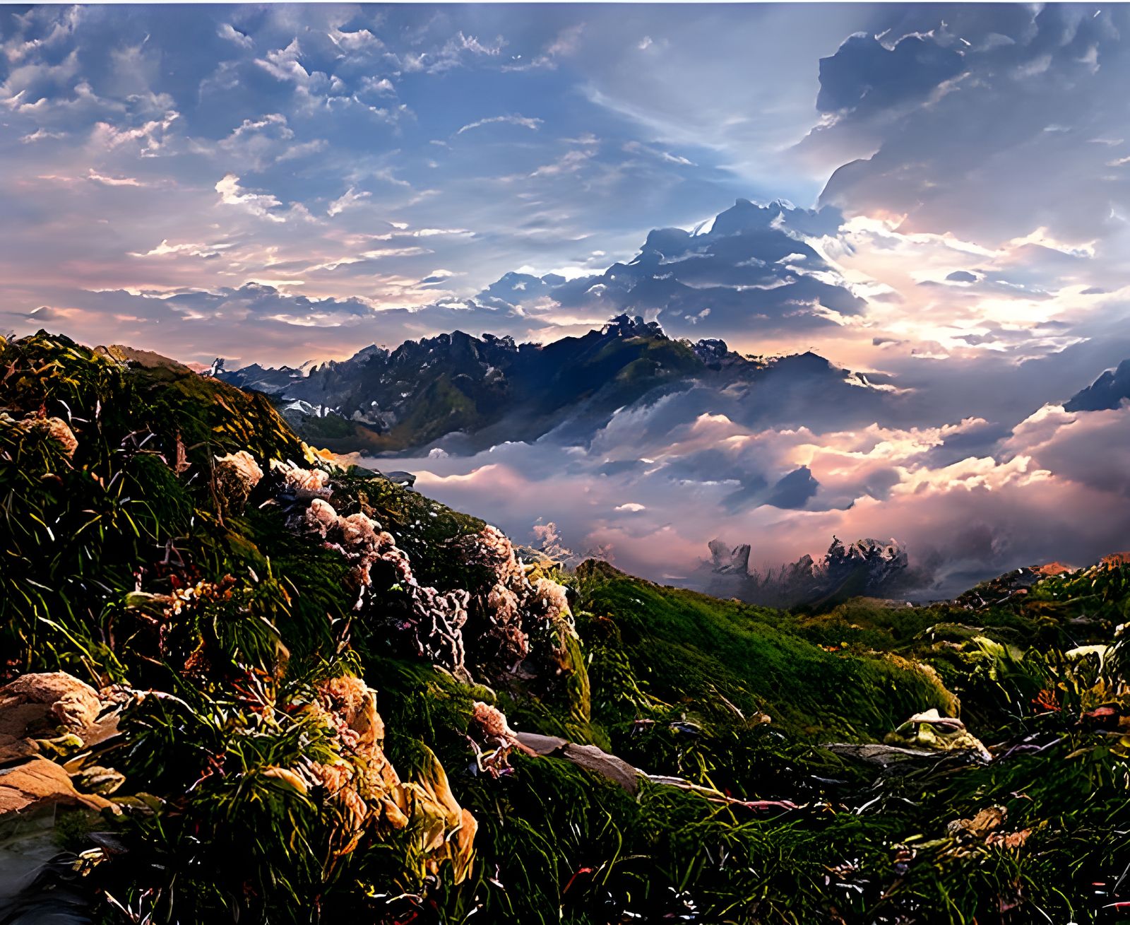 Lush Green Valley Meets Snow Mountain in Digital Art