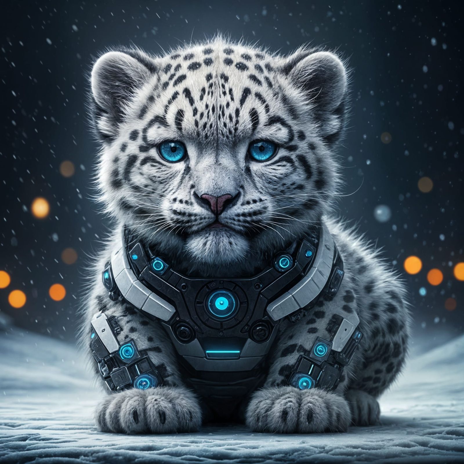 Photorealistic Newborn Snow Leopard Cyborg in Snowy City