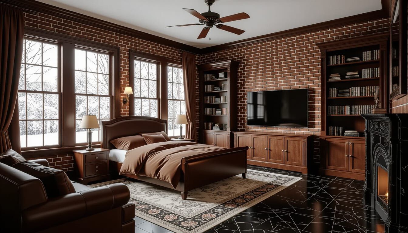 Victorian Bedroom with Fireplace and Snowy Views