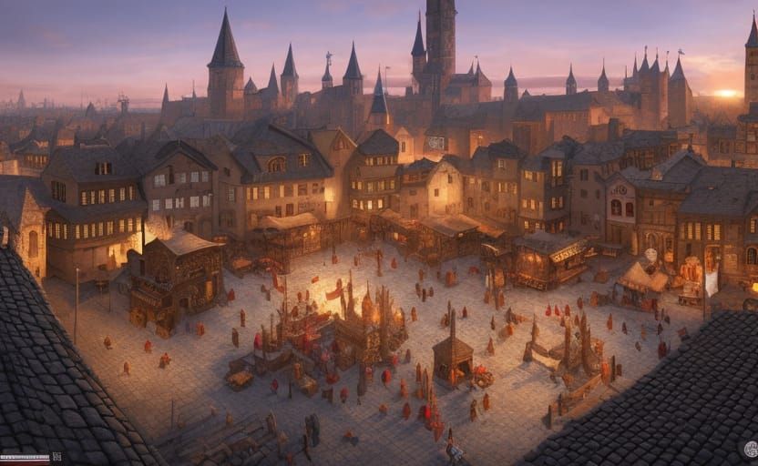 Medieval Market Square at Sunrise in Hyper-Detailed Style