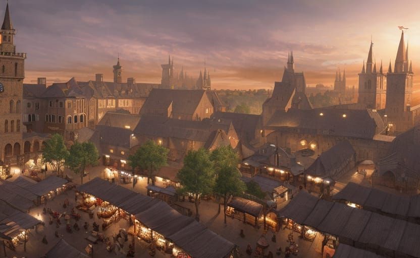 Medieval Market Square at Sunrise: Digital Illustration