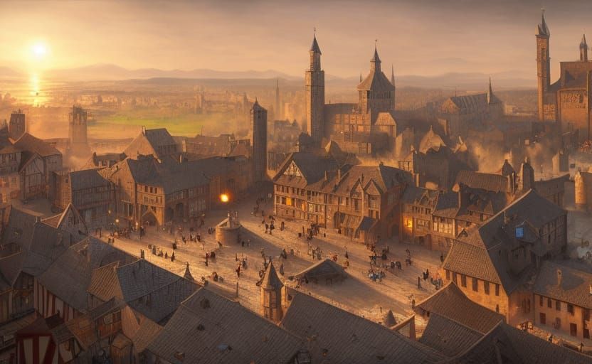 Medieval Market Square at Sunrise, Detailed Digital Art