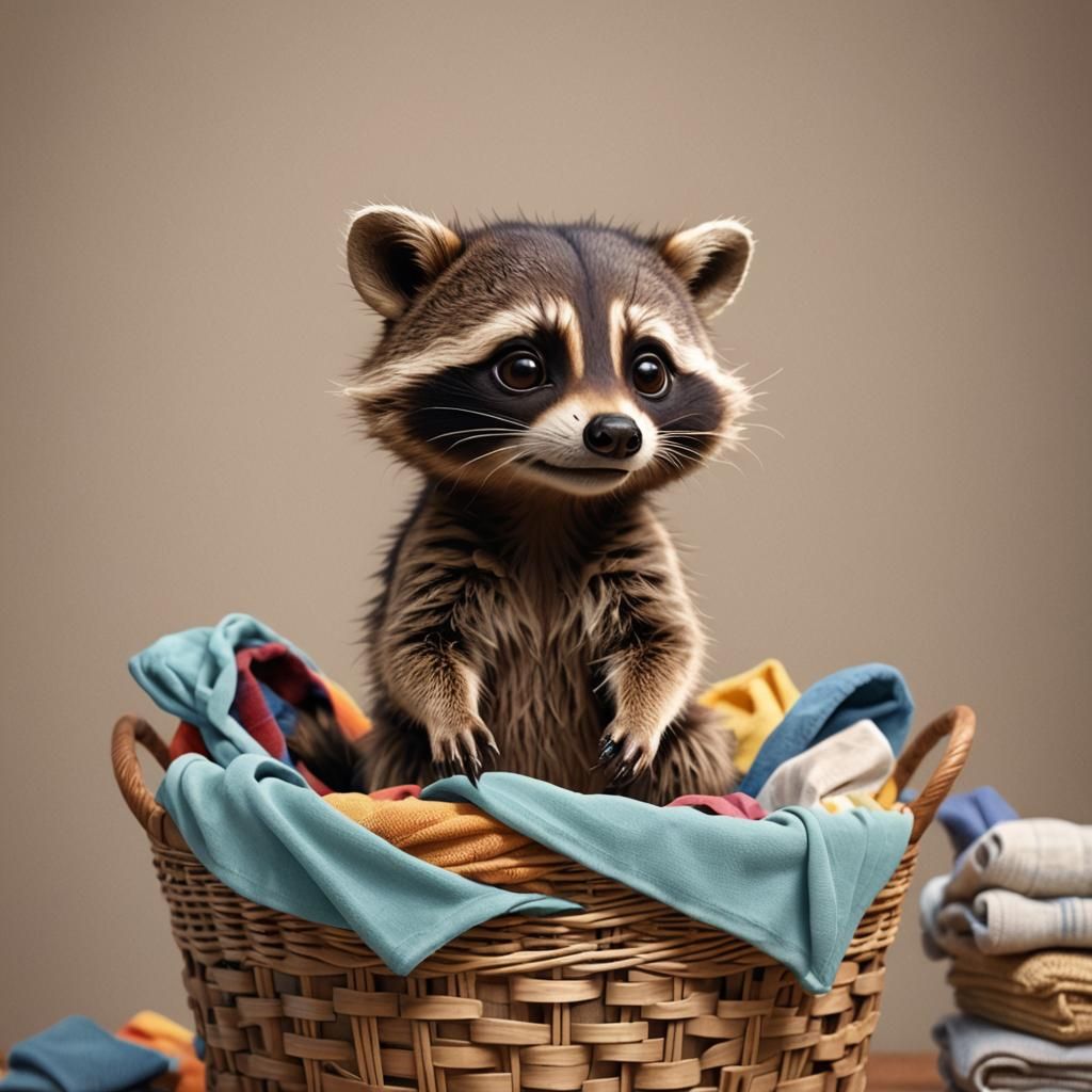Adorable Raccoon in Laundry Basket: 3D Digital Art