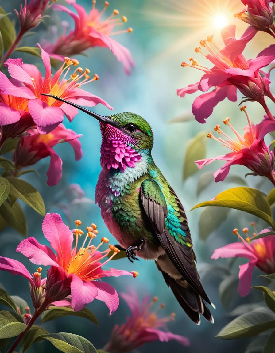 Fiery-Throated Hummingbird Foraging in Lush Garden