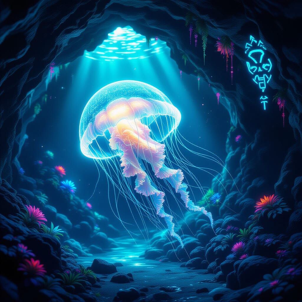 Bioluminescent Jellyfish in Neon Cave: Fantasy Concept Art
