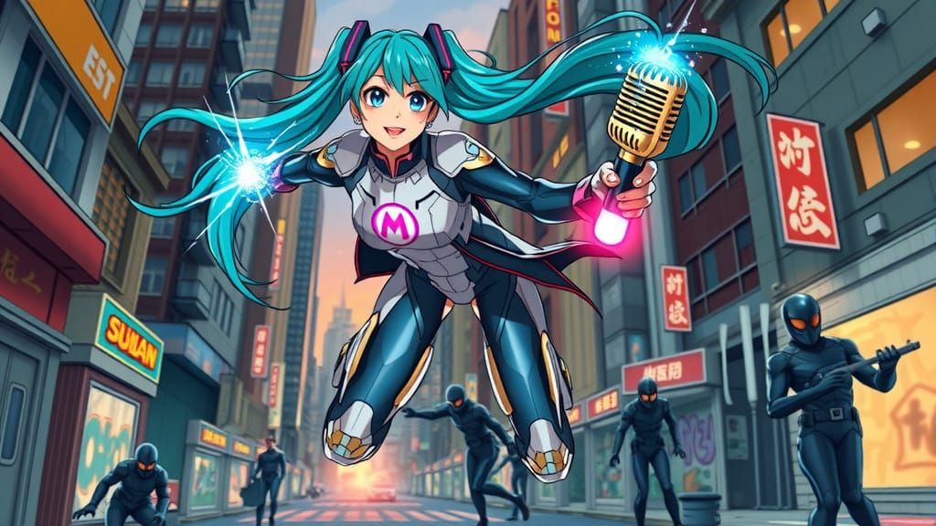 Cyberpunk Superhero Hatsune Miku Leaps into Action