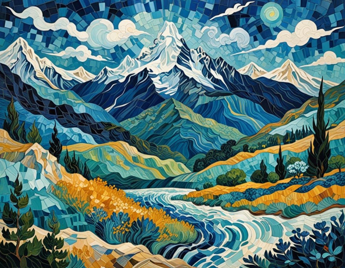 (mountain scape:1.5), Vincent Van Gogh and Salvador Dali, deep blue and turquoise dominant, fine-tuned mosaic ample use ...