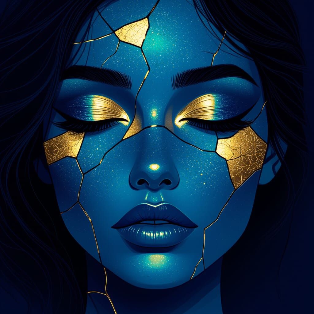 Blue and Gold Woman's Face, Digital Illustration