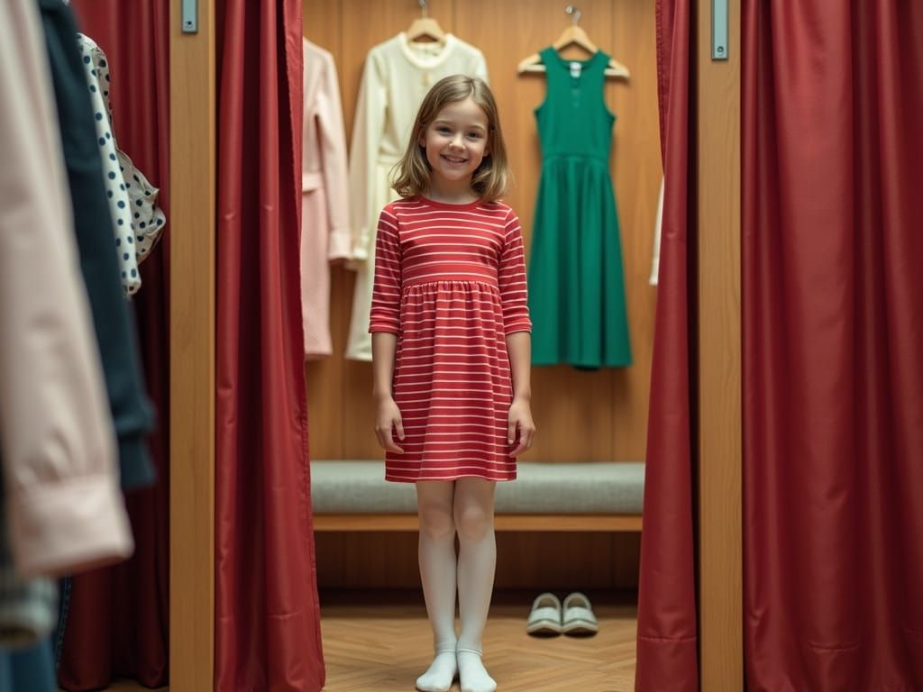 Smiling Girl Models a Red Dress in a Fitting Room