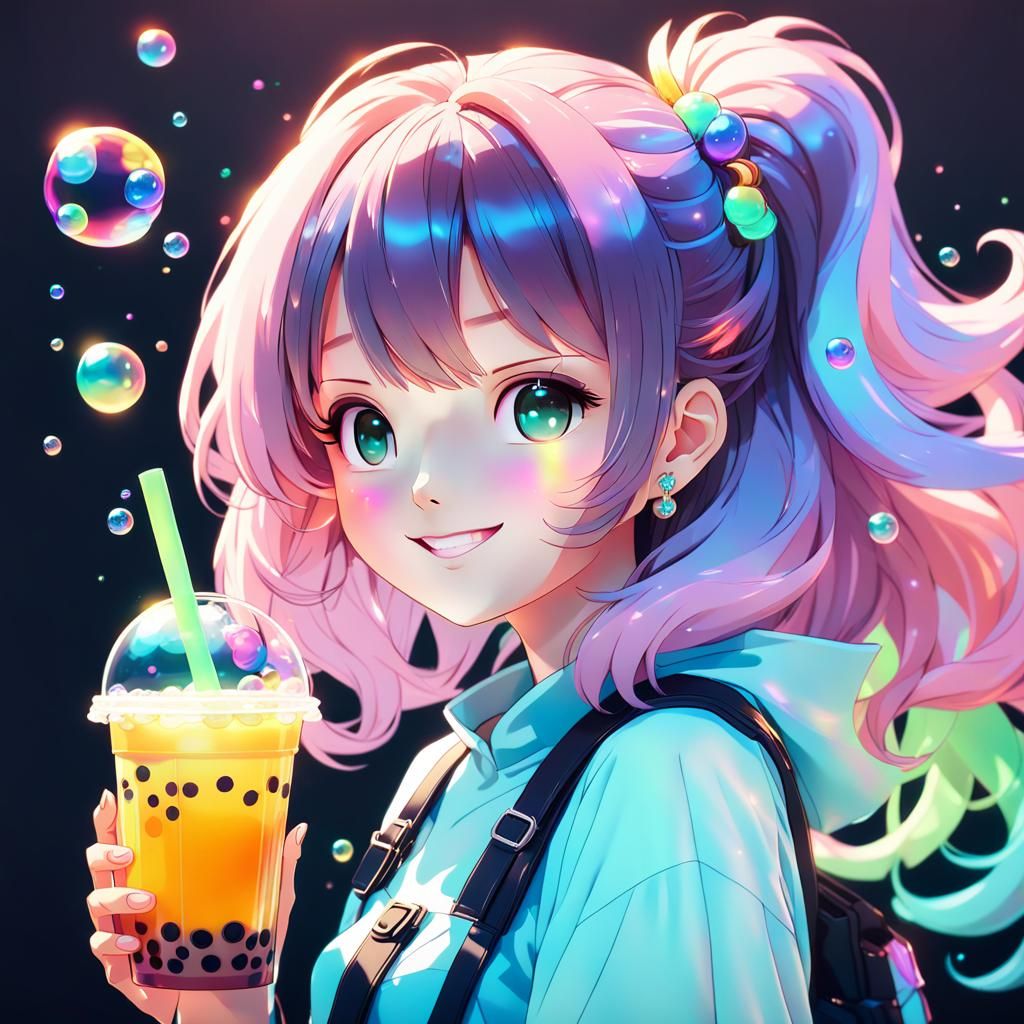 Vibrant Anime Portrait of Girl with Bubble Tea