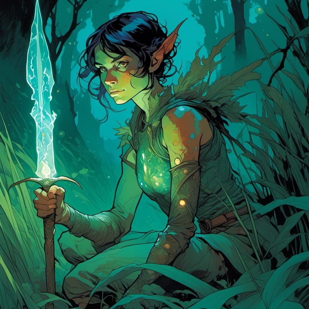Bioluminescent Pixie Warrior Portrait in Comic Style
