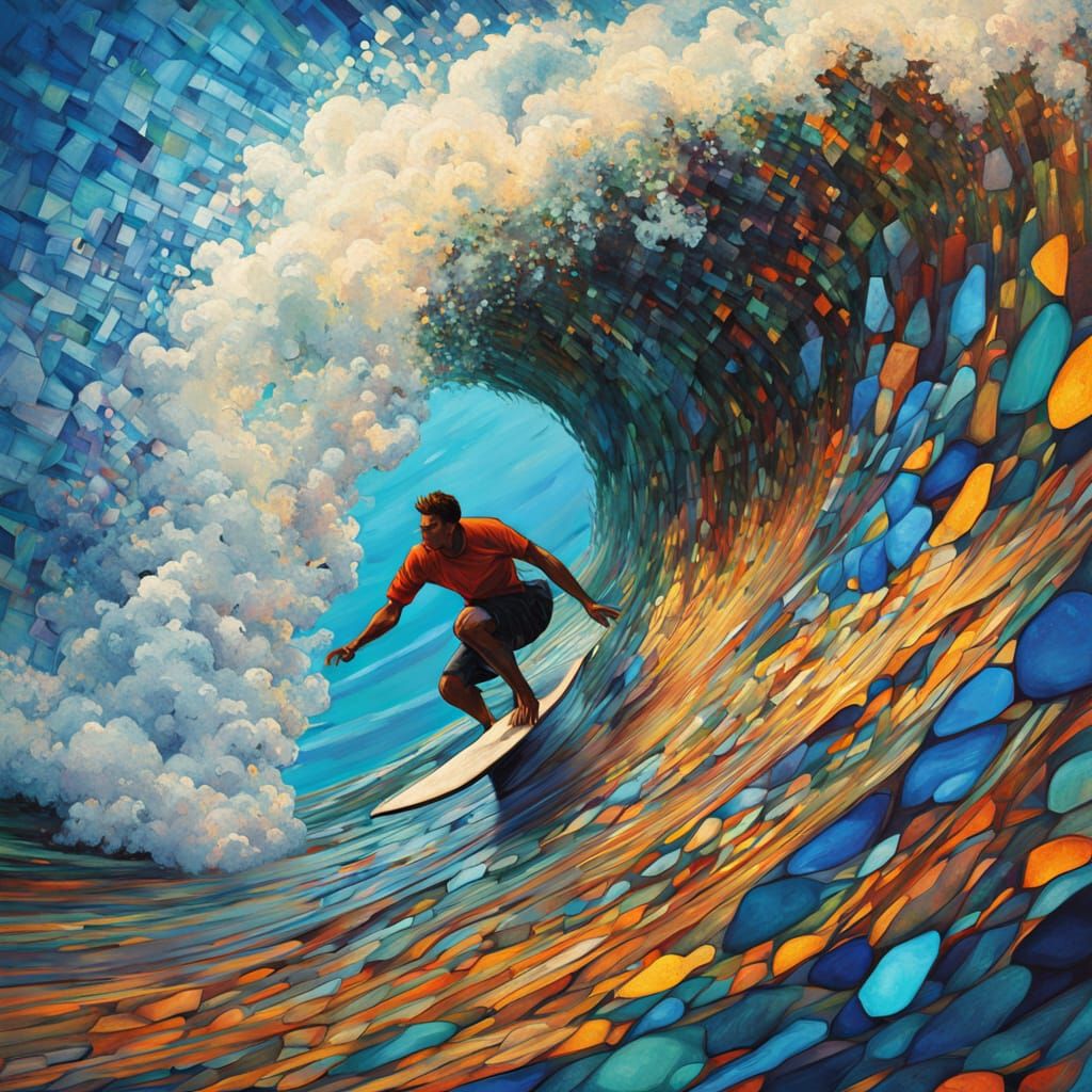 Surfer Riding Giant Sea Glass Wave in Dramatic Light