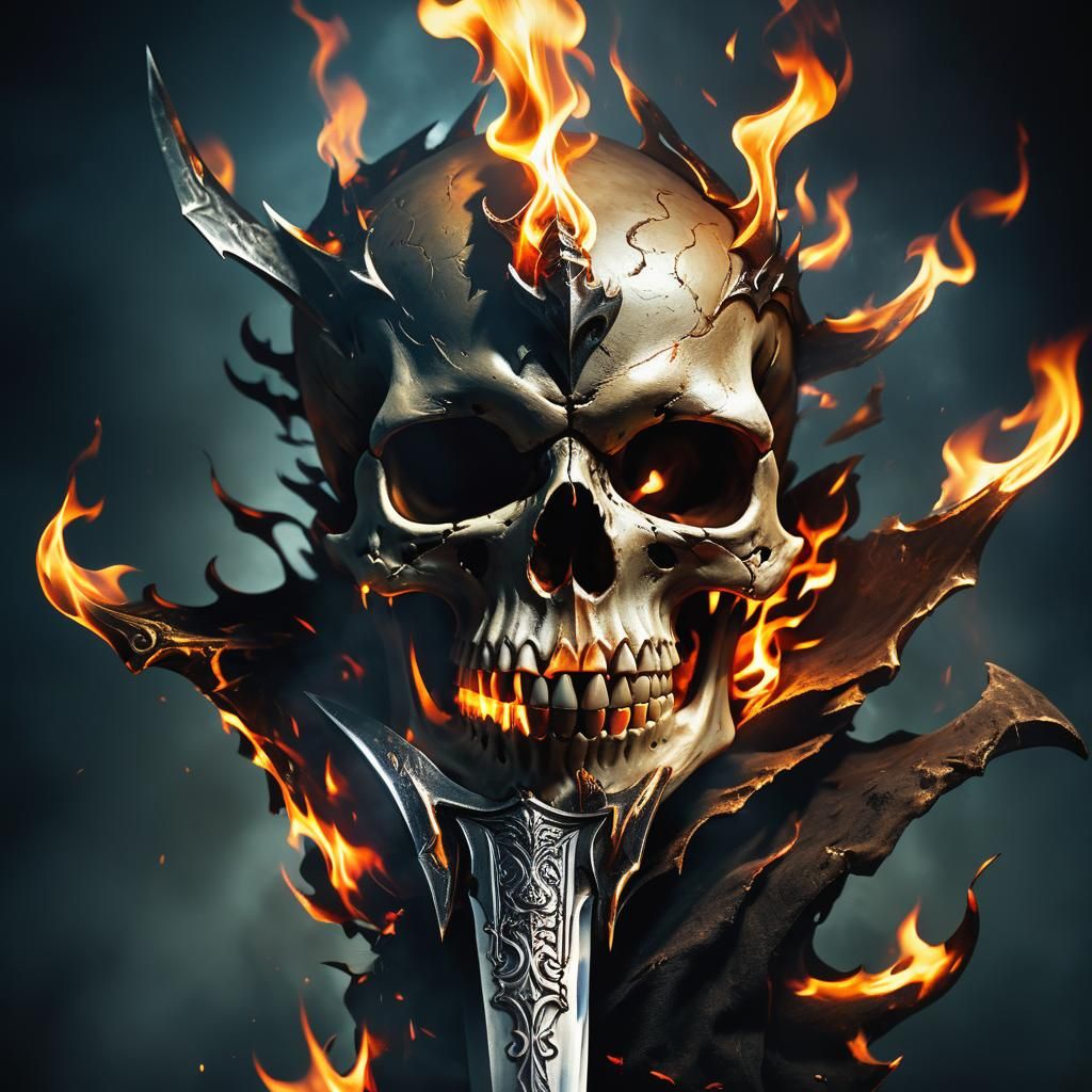 Skull Grasps Dagger in Flames: Dark Fantasy Portrait