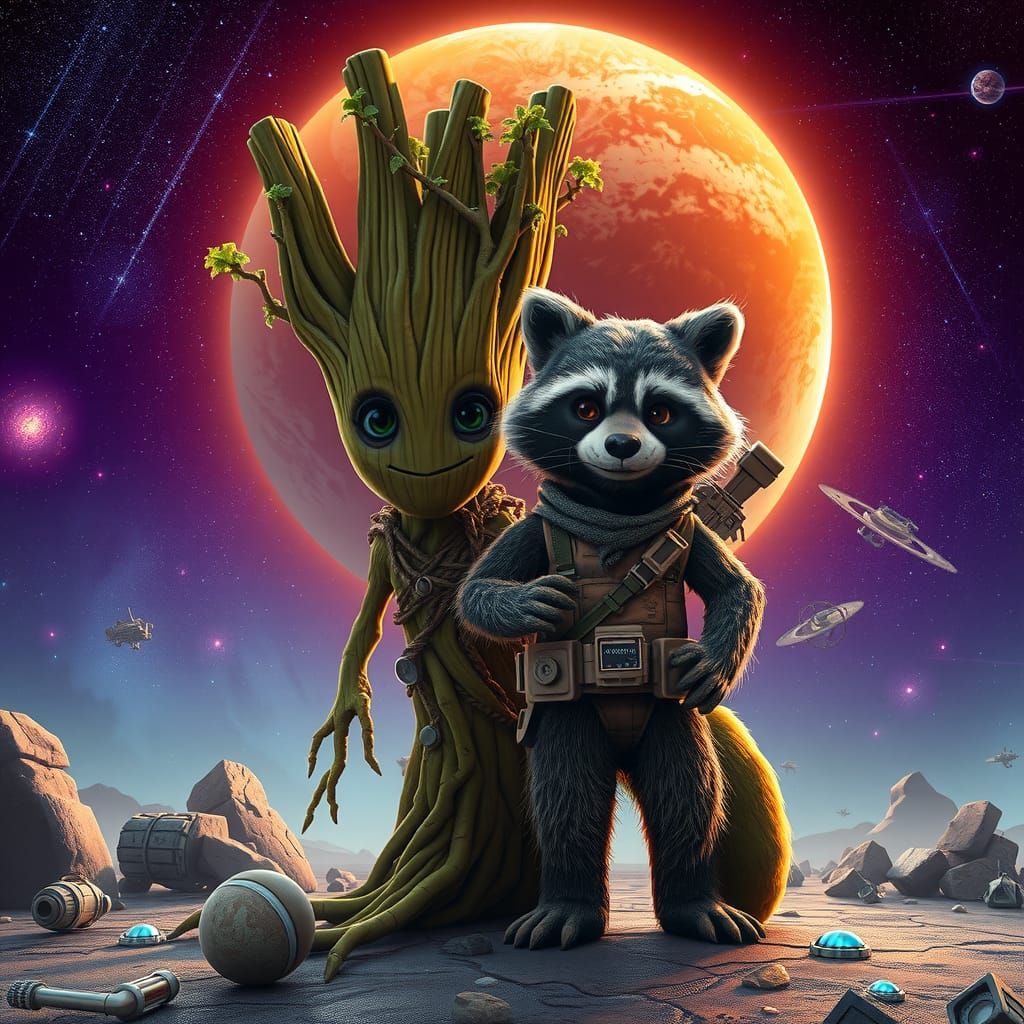 Groot and Rocket Raccoon in Galactic Setting