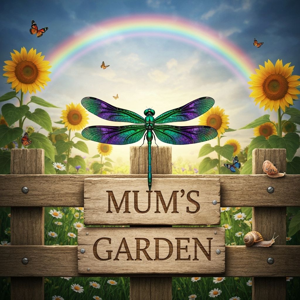 Dragonfly on Fence Post with Rainbow and Sunflowers