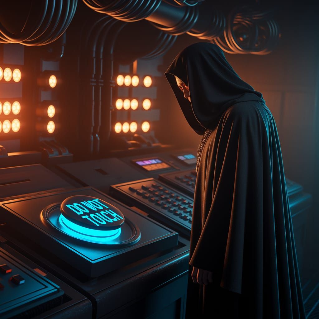 Ominous Figure in Shadowy Control Room