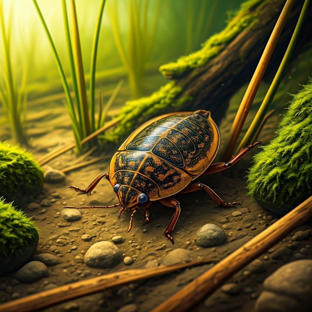 Vibrant Macro Water-Bug Portrait in a Muddy Swamp Ecosystem