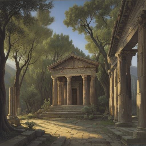 Woodcut, oil on canvas, Temple at Delphi, Ferdinand Knab, ro...