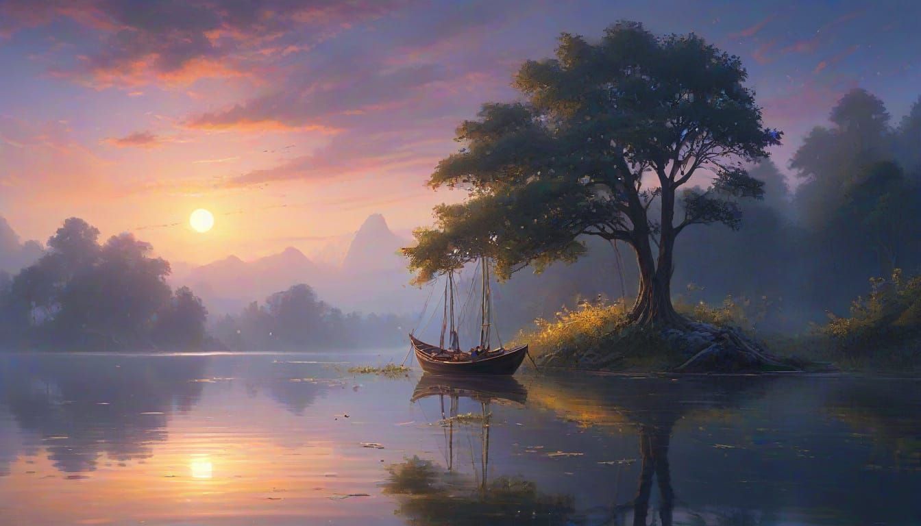 Ethereal Sailboat on Calm Lake: Digital Fantasy Painting
