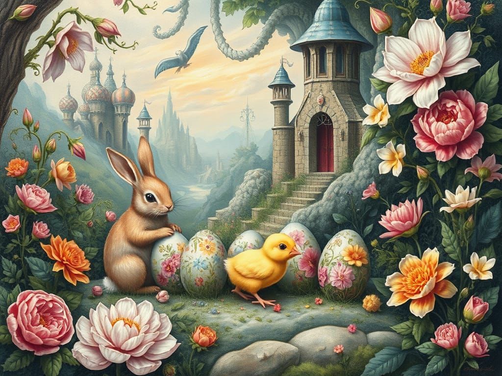 Enchanted Easter Landscape with Bunnies Painting Eggs