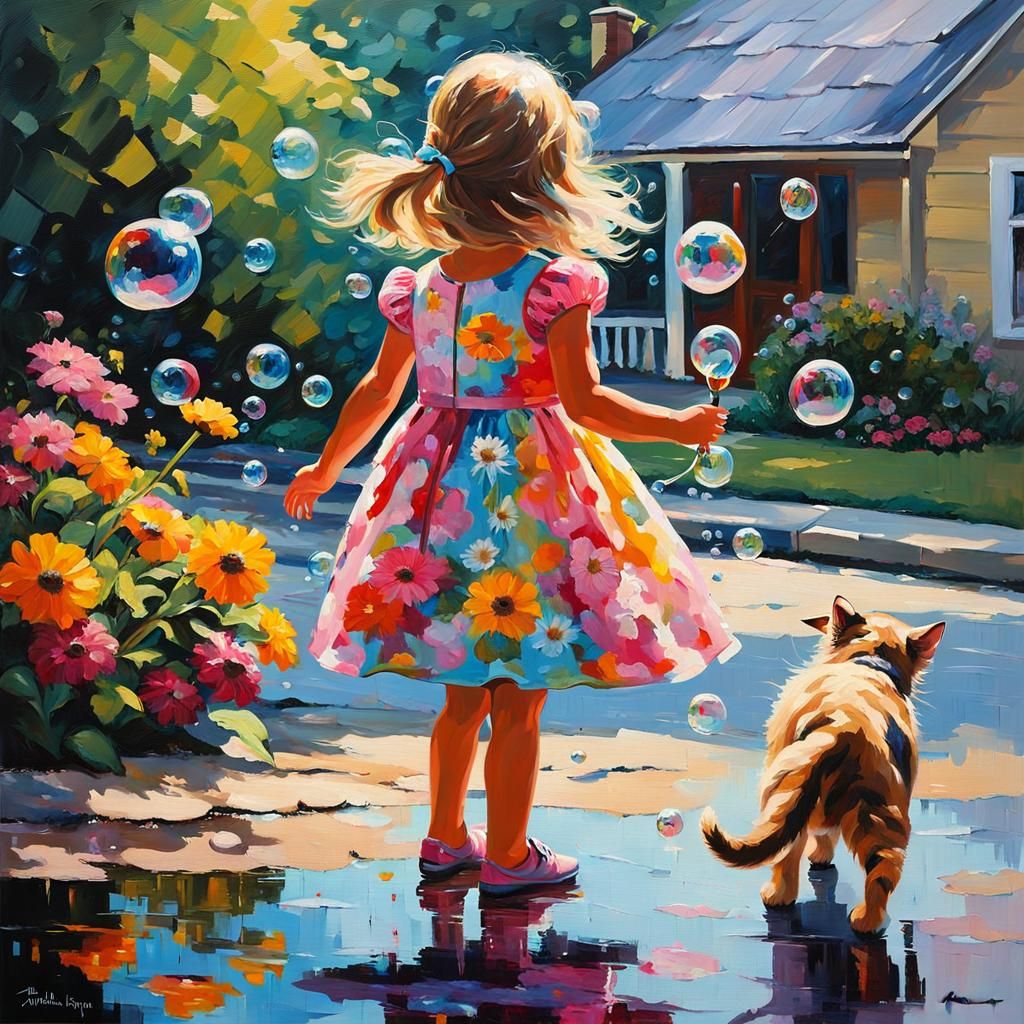 Palette Knife Painting of Girl Playing with Bubbles
