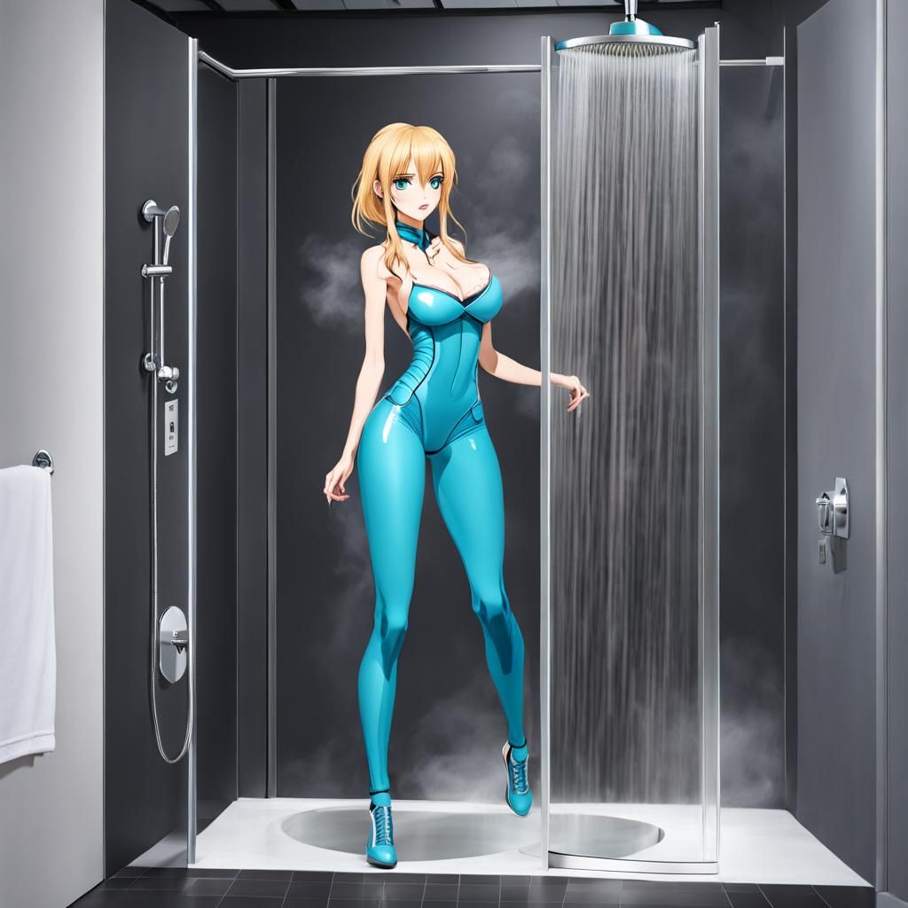 Attractive Woman with Blue Eyes in Steamy Shower