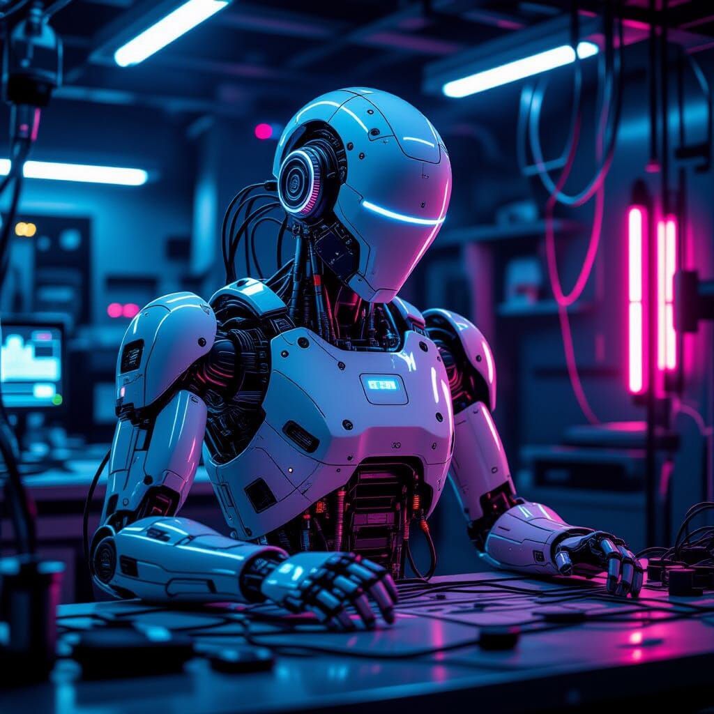 Futuristic Robot in Neon Lit Lab, Retro-Futuristic Art