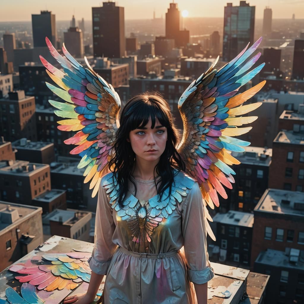 Guardian Angel on Rooftop: Cinematic Street Art Style