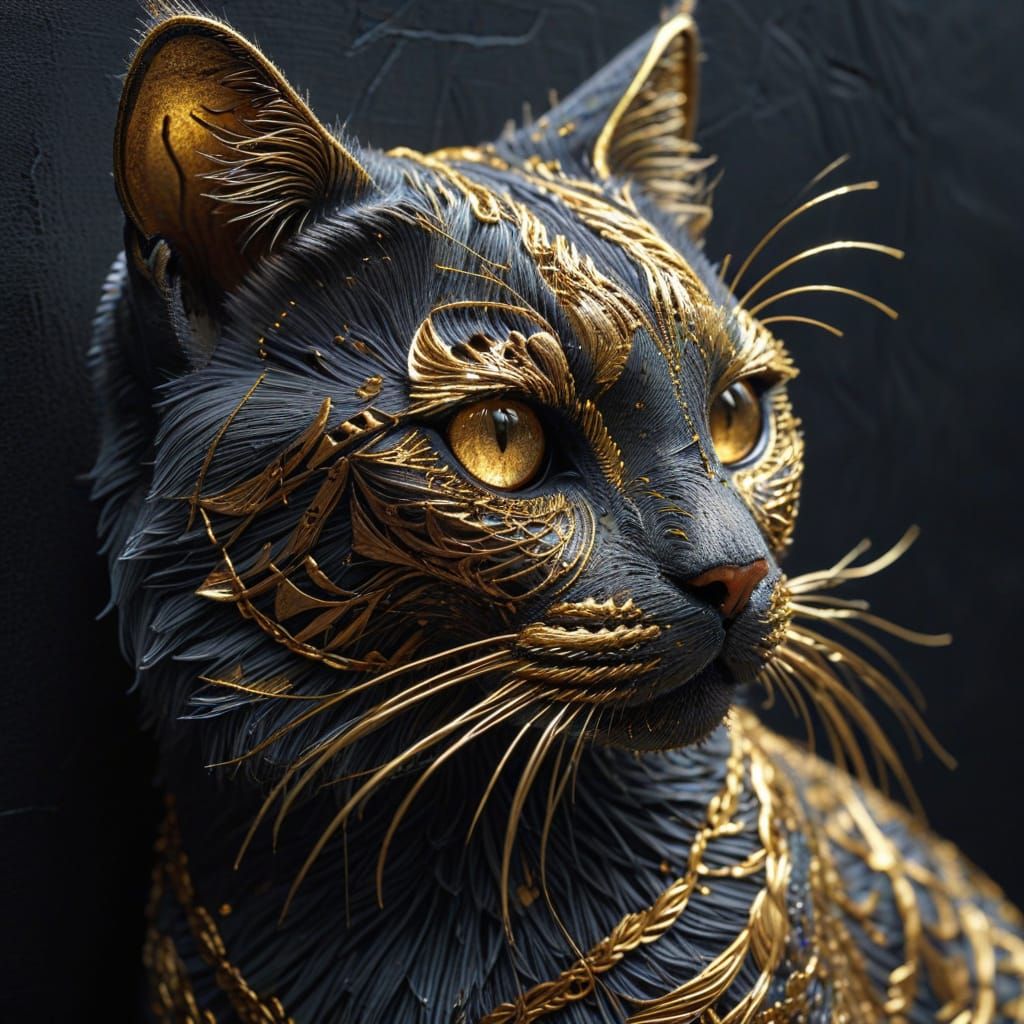 Gold Thread Cat Silhouette in Hyperrealistic Digital Art