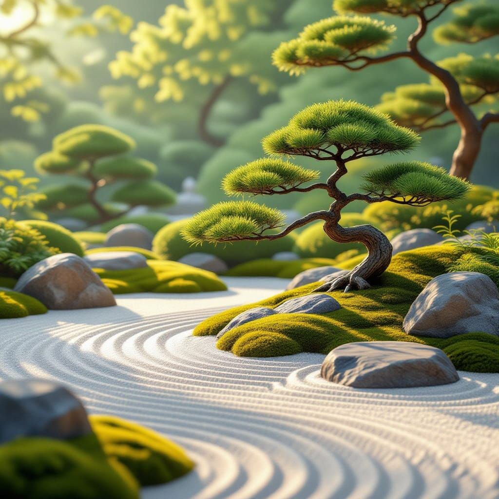 Serene Digital Zen Garden with Art Nouveau Bonsai