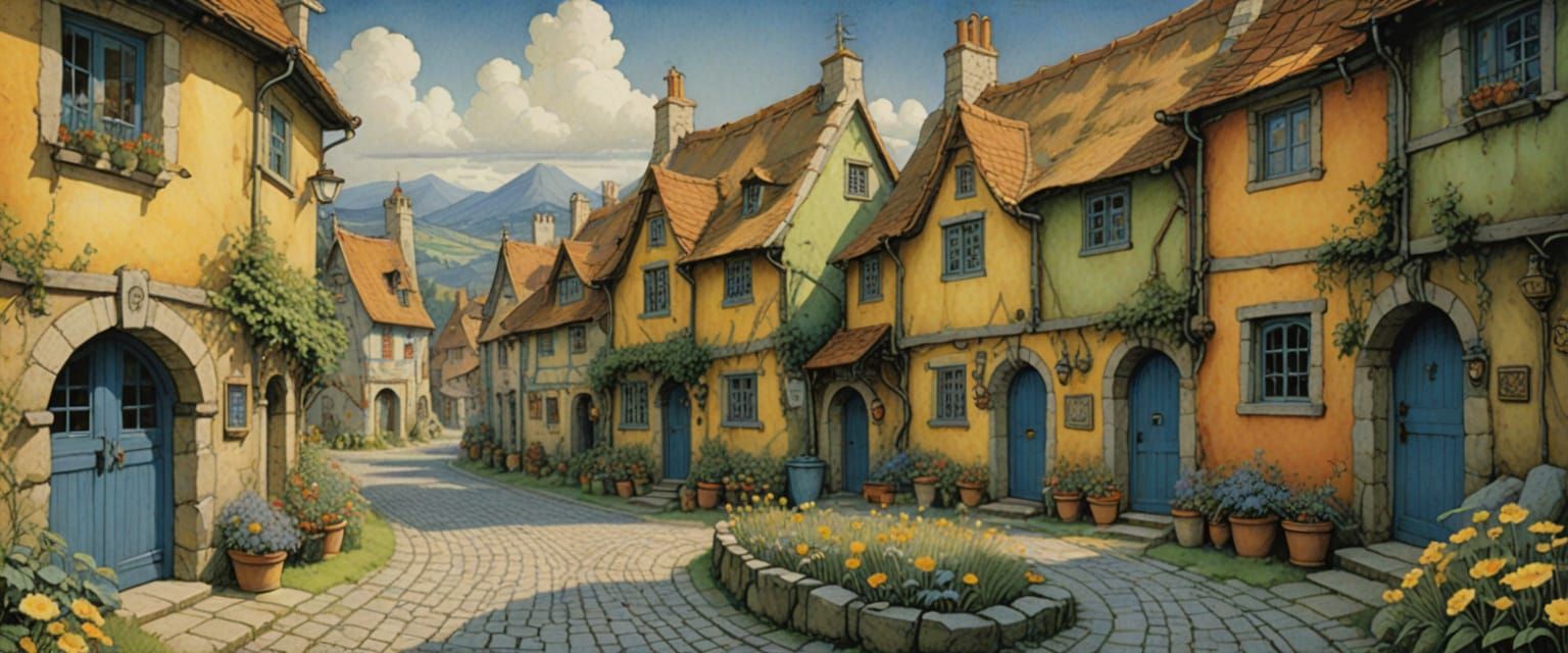 Folk Art Village in Comic Book Style