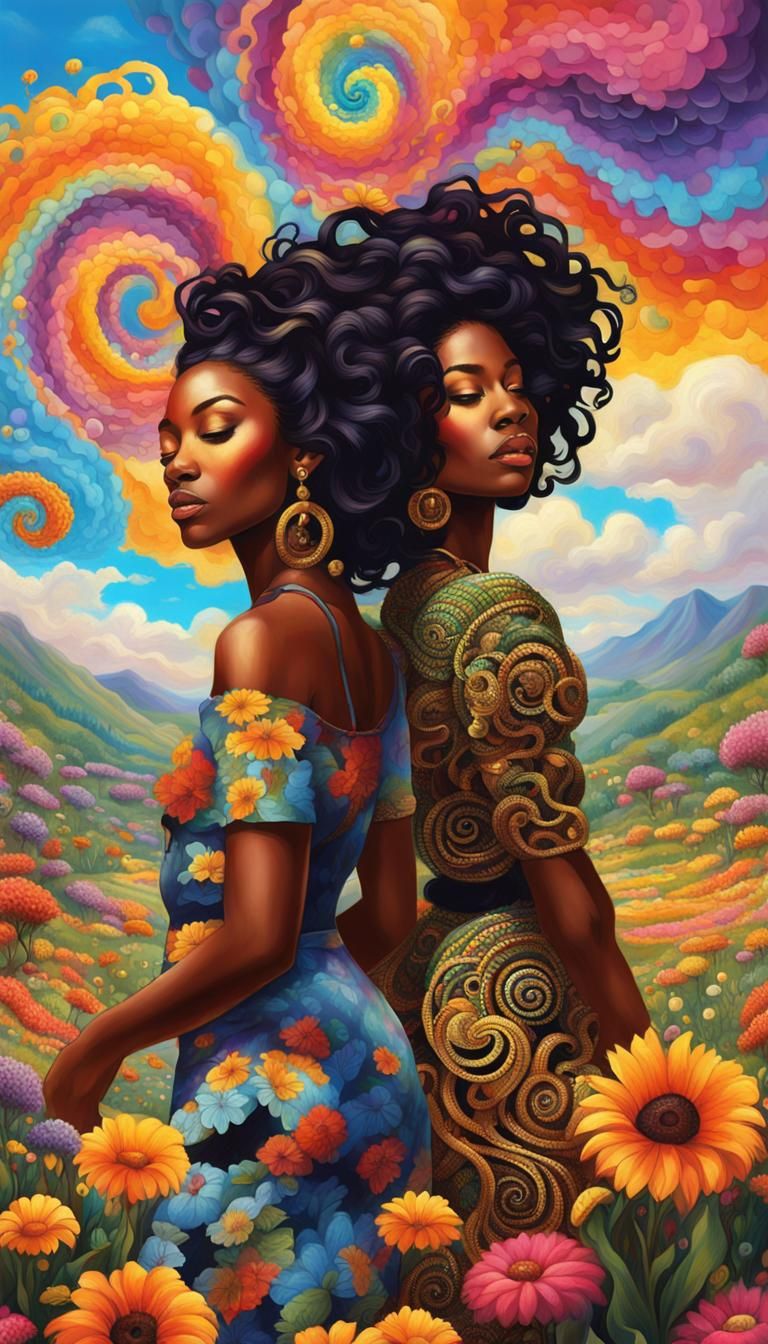 Hyperrealistic Black Woman Dancing in Psychedelic Garden