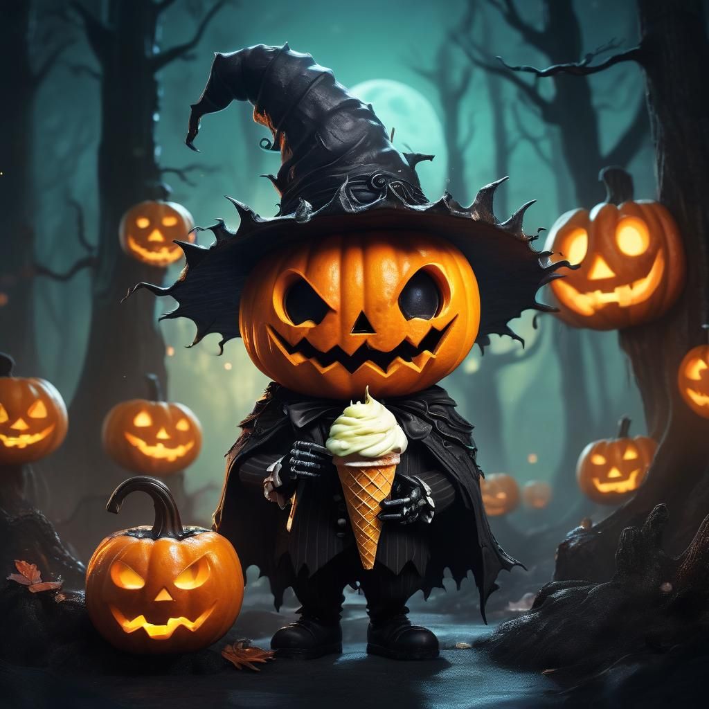 Chibi Jack-O'-Lantern with Ice Cream in Moonlit Forest