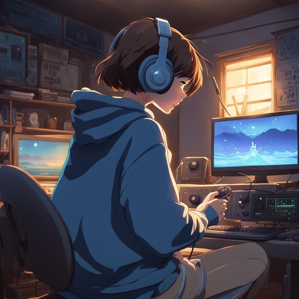 Anime Girl Gaming at Night in Ghibli Style