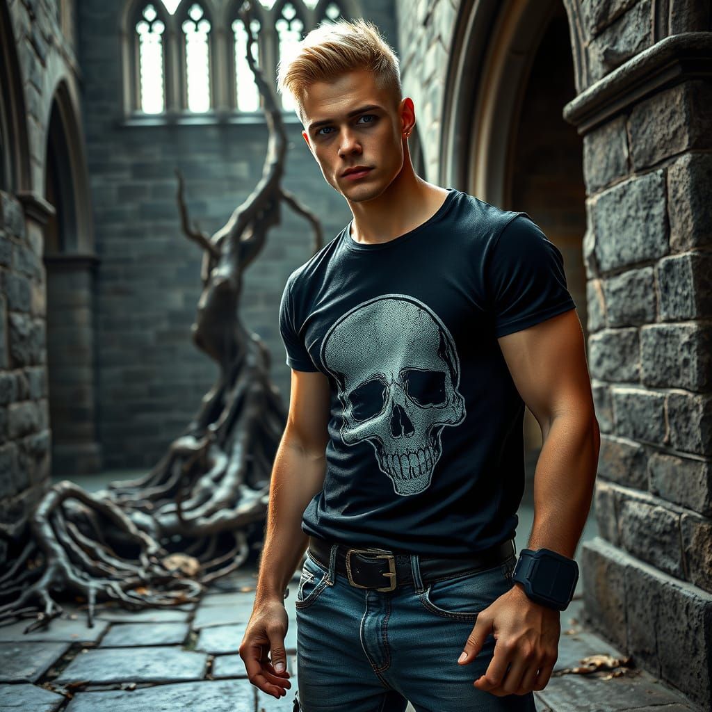 Surreal Man Contemplates Twisted Roots in Ancient Churchyard