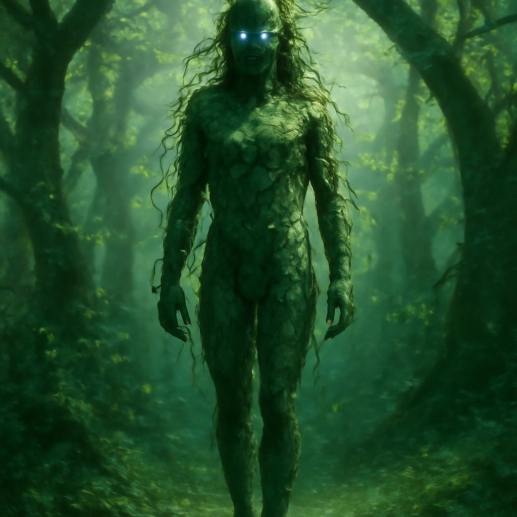 Figure Merged with Enchanted Forest, Glowing Eyes