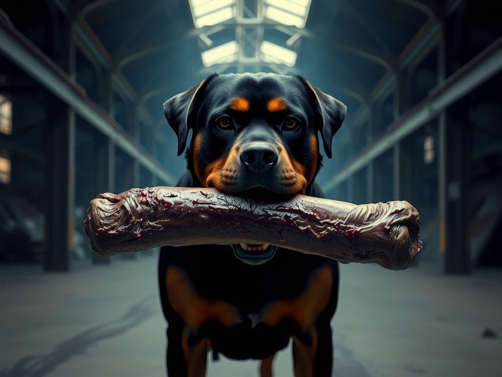 Majestic Rottweiler with Bone in Abandoned Warehouse