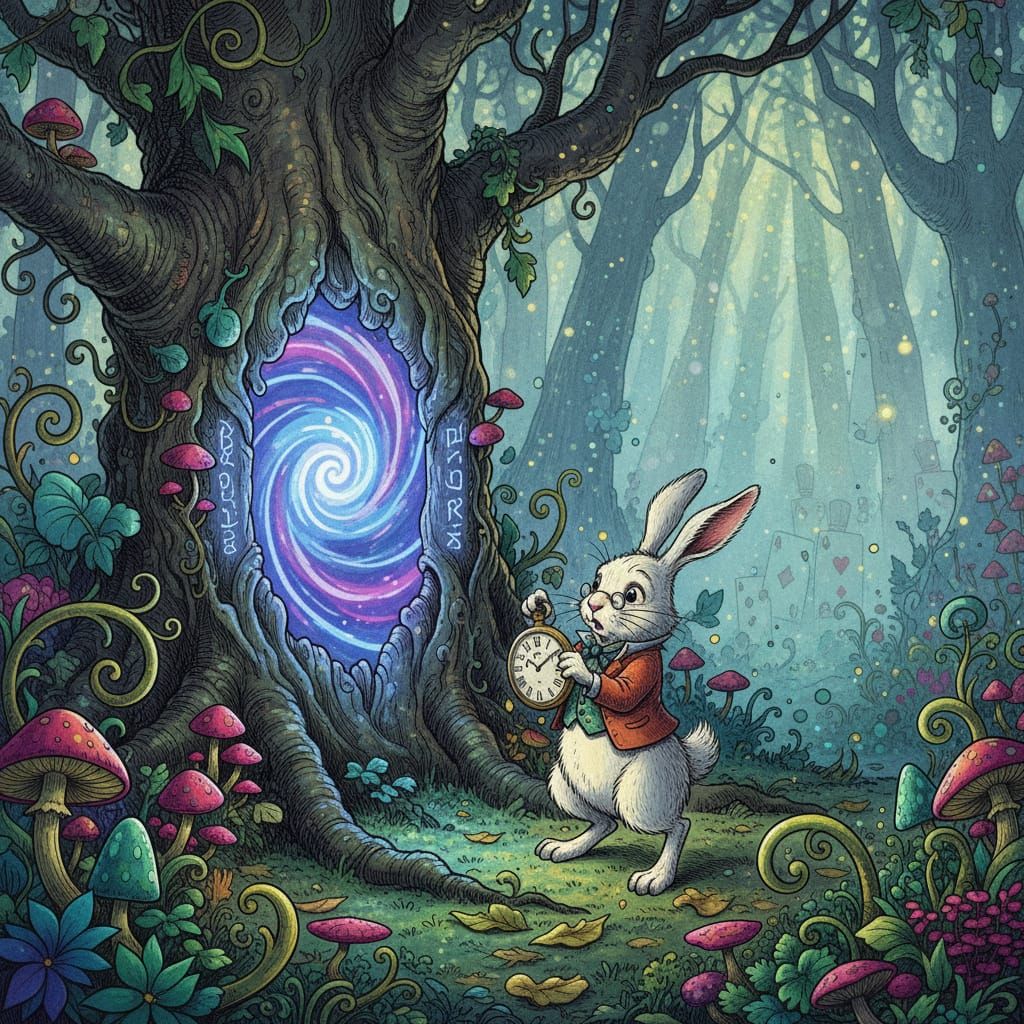 White Rabbit in Enchanted Forest Vortex Portal