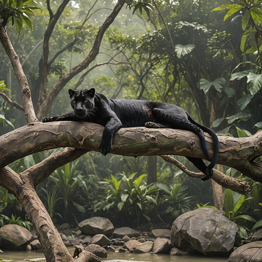 Black Panther Lounging Near Jungle Pool