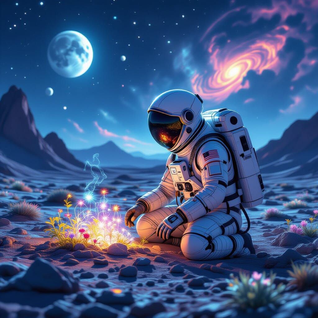 Astronaut Tends Alien Garden Under Nebulae Sky