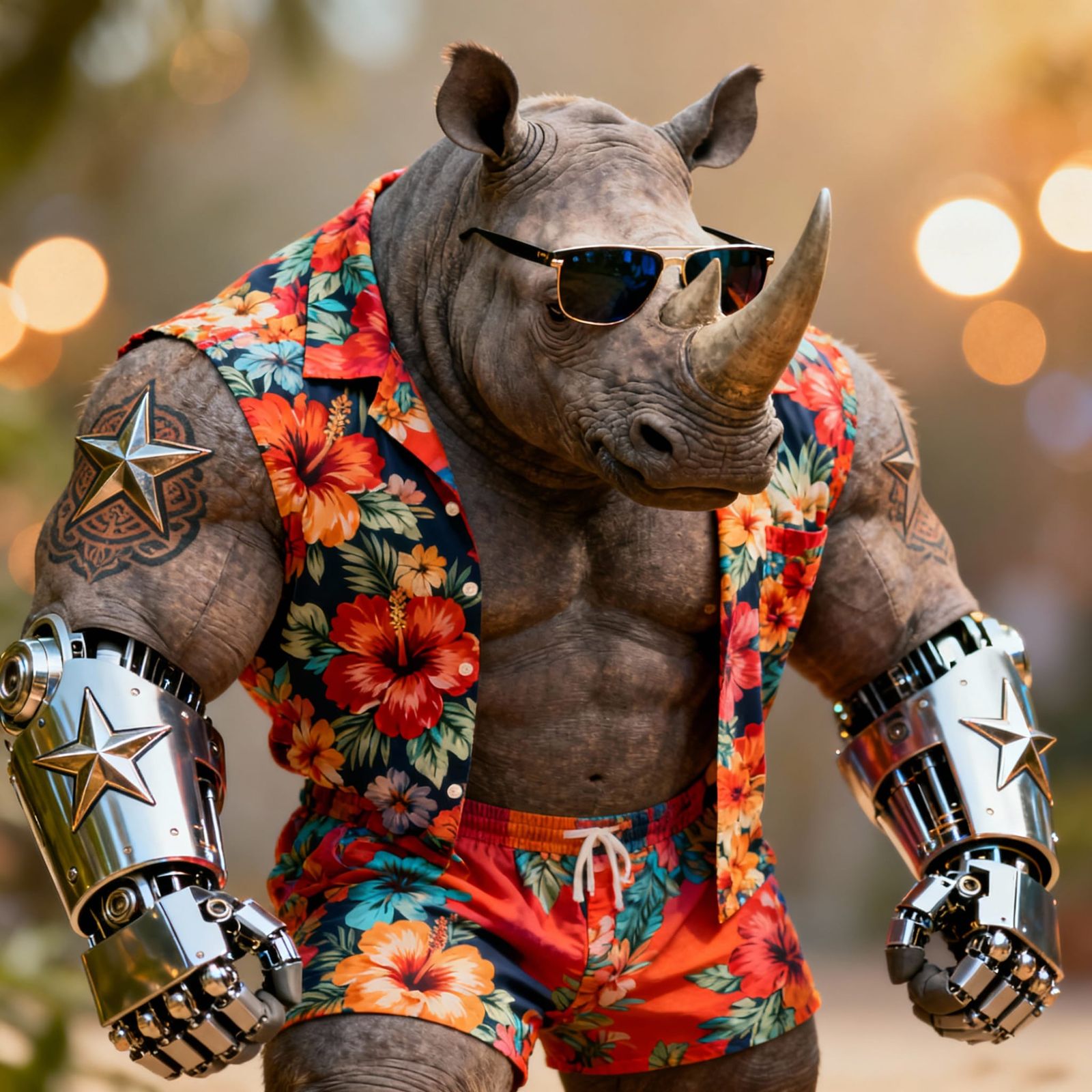 Muscular Rhino in Hawaiian Shirt with Robotic Arms & Tattoos